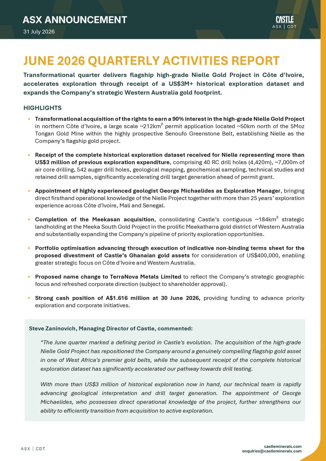 Quarterly Activities/Appendix 5B Cash Flow Report